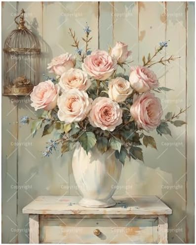 Still Life Paint by Numbers Kit for Adults - DIY Pink Roses in Vase Painting on Canvas, Acrylic Paint Set, Suitable for Beginners, Art for Home Decoration or Gifts(8X12IN Framed) by Unknown