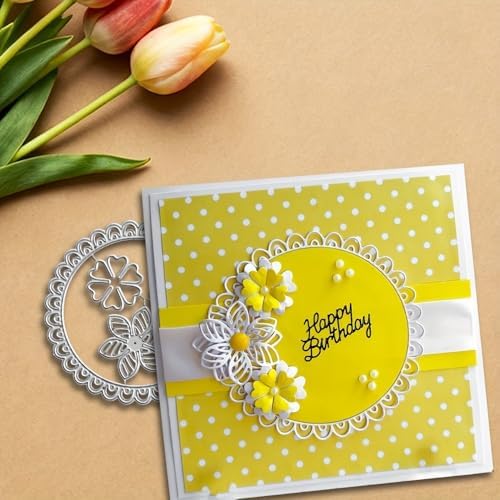 Lapoo Flowers Cutting Die for Scrapbooking - Durable Metal Cutting Die for DIY Scrapbook Photo Album Decorative Paper Card, Metal Card Making Supplies (Flowers and Round Border 3.9 x 3.9 in) by LAPOO