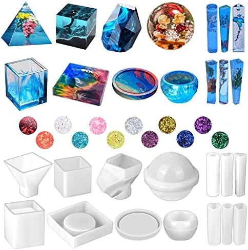 Silicone Resin Molds Kit 26PCS, Epoxy Molds, Large Casting with 12 Glitter Sequins for UV Casting, Including Sphere, Cube, Pyramid, Square, Coaster, Stone & Pendants by ProfessionalDIYArtSupplier