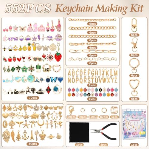 Zefy 552Pcs Charms Lip Gloss Keychain Making Kit, DIY Bag Charm Kit Gold - Image 2