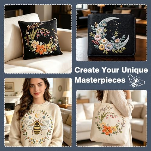 3Pack Embroidery Kits for Beginner Adult, Flower Moon Bee Pattern Hand Kit - Image 6