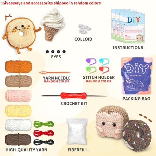 YAMAXIN Crochet Kit for Beginners, Beginner Crochet Kits with Step-by-Step Video Tutorials, Crochet Starter Kit for Adults with Yarn Sets (4pc Butter Toast, Bread, Doughnuts, ice Cream) - Image 2