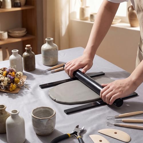 Fiwochic 12 Pcs Acrylic Pottery Tools Set Includes 1 Acrylic Clay Rolling Pin Sculpting Polymer Clay Tools 1 Stain Resistant Tablecloth and 10 Pcs 5 Size Teaching Rolling Mud Stick Guide(Black) - Image 4