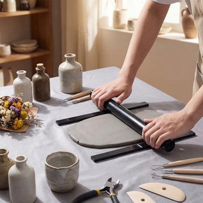 Fiwochic 12 Pcs Acrylic Pottery Tools Set Includes 1 Acrylic Clay Rolling Pin Sculpting Polymer Clay Tools 1 Stain Resistant Tablecloth and 10 Pcs 5 Size Teaching Rolling Mud Stick Guide(Black) - Image 4