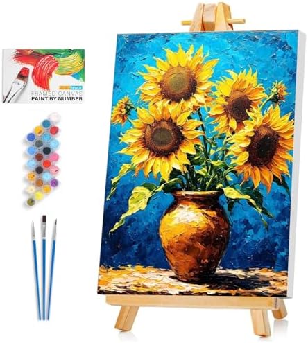 Framed Paint by Numbers Kit for Adults Beginner & Kids Ages 8-12, Sunflower Easy Paint by Numbers without Easel, Flowers Vase Acrylic Adult Painting by Number Kits on Canvas for Decor Gift 8 x 12 Inch by Unknown