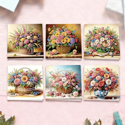 6pcs Bouquet Flower Basket Diamond Art Painting Greeting Cards Kit with Envelopes, 5D DIY Special Shaped Card Making Kits for Adults, Holiday Birthday Postcards, Creative Craft Gifts - Image 4