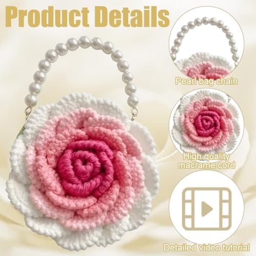 FREEBLOSS Rose Crochet Bag Kit with Video Tutorials Knitted Rose Handbag Crochet Kit for Beginners Adults Handmade Bags for Gift Adult Crafts Projects - Image 3