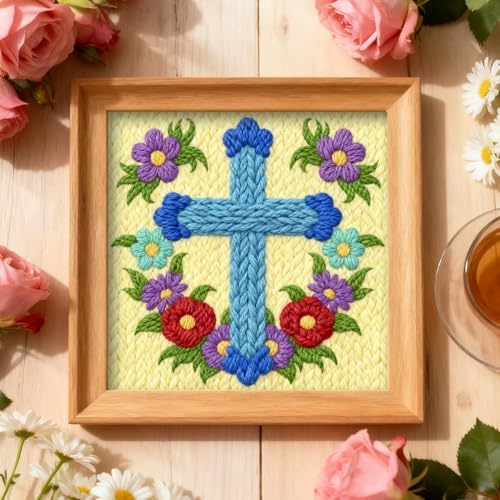 INFUNLY Cross Flowers Punch Needle Kits for Beginner Adult Floral DIY Punch Needle Embroidery Starter Kit for Wall Hanging Blue Cross Needlepoint Kit with Instruction for DIY Crafts Gift Home Decor - Image 5