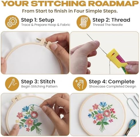 KEFF Craft Embroidery Kit for Beginners - 100 Embroidery Thread Colors, 4 Hoops, Scissors, Needles, Pins, Blank Fabrics & Tools – Cross Stitch Supplies, Cross Stitch Kits, Arts and Crafts for Adults - Image 4