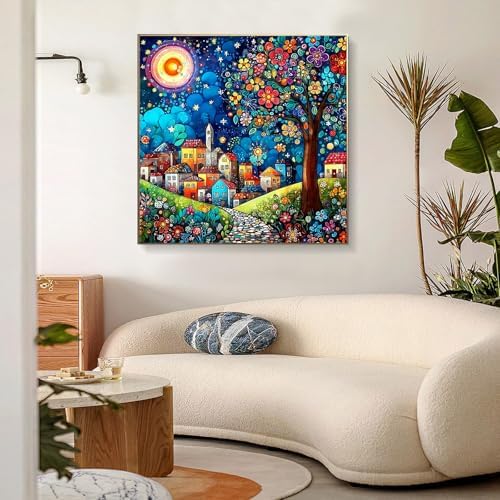 Jiqinsiye Tree Adults Paint by Number Kits,Houses Painting by Number Kits on Canvas,Village Large Color by Numbers Adult Watercolor Gifts for Friends Wall Decor - Image 6