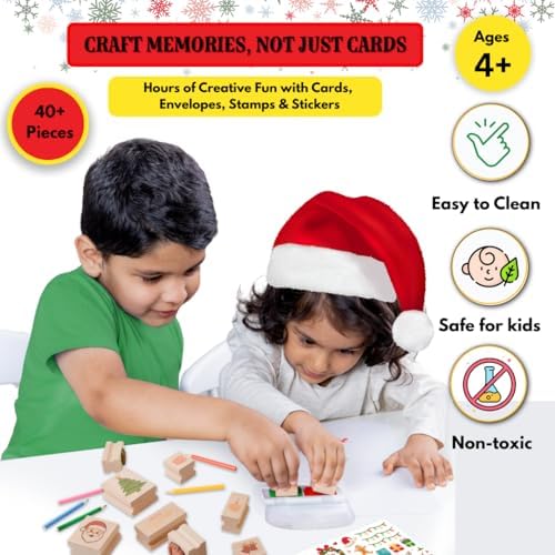 48 Piece Merry Christmas Craft Kit Wooden Stamp Set with Ink Pads Colored Pencils Stickers Cards Envelopes DIY Holiday Card Making Set for Kids Adults Classrooms Festive Family Fun - Image 3
