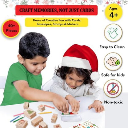 48 Piece Merry Christmas Craft Kit Wooden Stamp Set with Ink Pads Colored Pencils Stickers Cards Envelopes DIY Holiday Card Making Set for Kids Adults Classrooms Festive Family Fun - Image 3