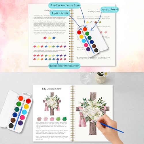Christian Gift, Christian Cross Watercolor Workbook, Floral Cross Water Coloring Book with 12 Different Floral Paintings Designs, Watercolor Book with Palette and Brush, Relaxing Art for Beginners - Image 4