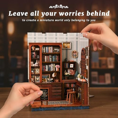 Book Nook Kit, DIY Miniature House Kit for Adults & Teens, Vintage Bookstore Scene Bookshelf Insert Decor with LED, 3D Wooden Puzzle Gift for Book Lovers (Pergola Reading Room) - Image 6