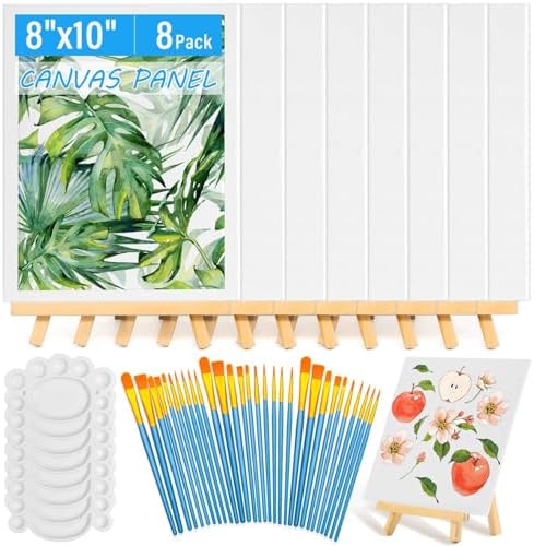 54 Pack Canvas with Easel Set 8 x 10 Inch Canvas Boards with Wooden Easels, Paint Brushes Canvas Panel Painting Kit for Acrylic Oil Watercolor Beginners Art Crafts Sip and Paint Party by shynek