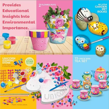 4M Magical Garden Kit for Kids Ages 8-12 – 4-in-1 Craft Set: Paint Flower Pots, Unicorn Stepping Stone with Glow Star, Mosaics & Gemstones, Mini Porcelain Tea Set, Garden Stones, Creative Art Gift - Image 5
