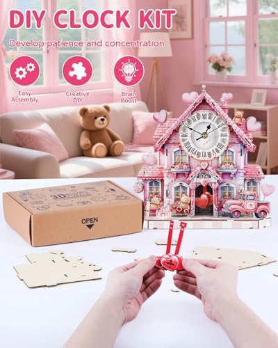 3D Puzzles for Adults-Wooden Romantic House Clock Puzzle DIY Model Kit - Image 3