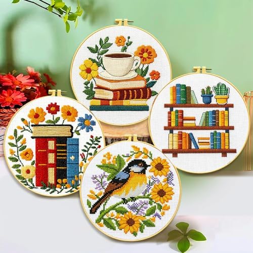 Zhenqing 4 Pack Book Lover Stamped Cross Stitch Kit for Beginners - Image 2