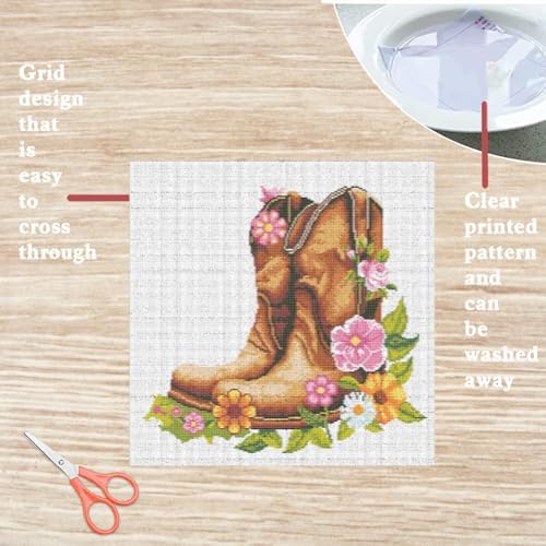 FREEBLOSS DIY Cross Stitch Wall Hanging Kit Boots Full of Flowers Stamped Cross Stitch Wall Painting Retro Style Cross Stitch Home Wall Art Cross Stitch Starter Kit for Beginners with Instruction - Image 3