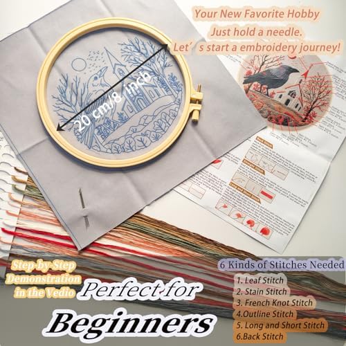 FONNUY Embroidery Kit, Featuring Crow and Landscape Patterns, Cross Stitch Kits for Both Adults and Beginners, Handmade Crafts Printed Pattern Set, Color Thread Needlework, 8'' Hoop (Clever Bird) - Image 5
