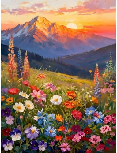 Clendo Landscape Paint by Numbers Kit for Adults Beginner, Flower Mountain Adult Paint by Number Kits on Canvas, Sunset Oil Painting Kit for Beginners Gift Home Wall Decor 16x20 Inch by Clendo
