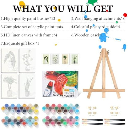 4 Pack Framed Paint by Numbers Kit for Adults Green Plant with Wooden Easel - Image 5