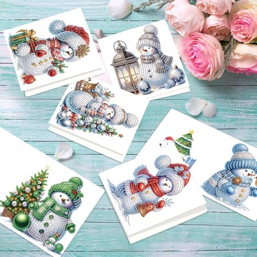 antor 6 Pack Diamond Art Christmas Cards with Envelopes, Special Shaped Rhinestone DIY Diamond Painting Greeting Card Kit, Snowman Design for Adults Holiday Craft Gift - Image 5