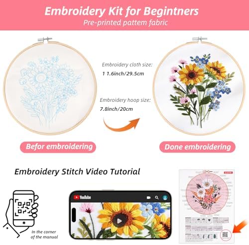 Sopoloray 4 Pack Embroidery Kit for Beginners Adults,Cross Stitch Kit with Floral Patterns,Complete Starter Set with Hoop,Pre-Printed Fabrics,Threads,Needles,Scissors,Hand Craft Lover Gift - Image 3