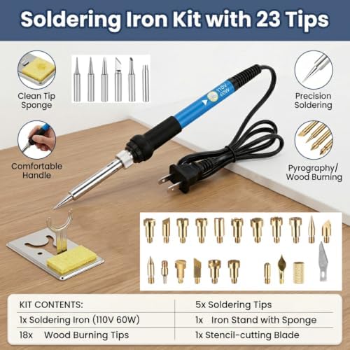 Wood Burning Kit, Adjustable 6 Temperature Pyrography Tool, 60W Iron with 5 Tips & Sponge for DIY Wood Crafts, Wood Art & Pyrography, Ideal for Detailed Shading & Designs (Brass, 30-Piece Set) - Image 5