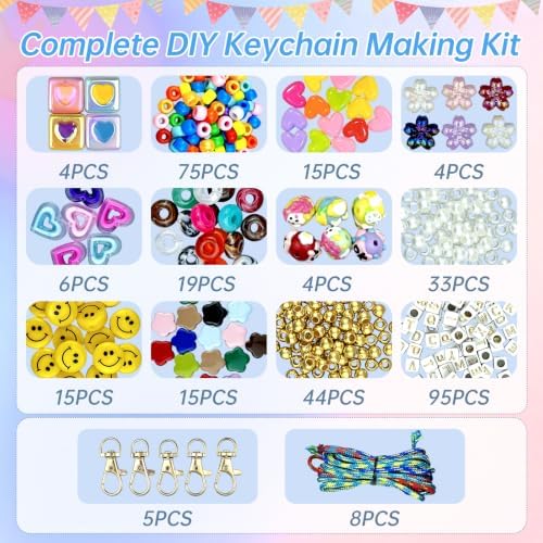NCIWAN 421PCS Beaded Keychain Making Kit for Girls, Rainbow Smiley Face & Letter Beads for DIY Craft Jewelry Making, Preppy Bag Charm & Phone Lanyard Supplies, Friendship Bracelet Kit for Kids Teens - Image 2