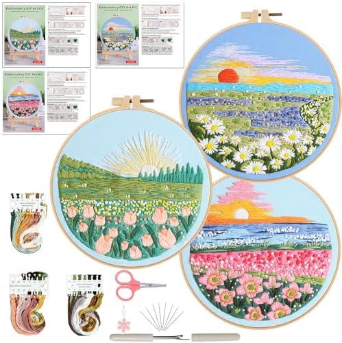 Ohcol 3 Sets Embroidery Kit,Cross Stitch Kits for Beginners,Needlepoint Kits for Adults with Landscape Floral Pattern Hand Crafts,Hoop,Needle by Ohcol