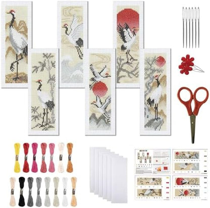 FREEBLOSS 6 Set Cross Stitch Bookmark Kit 11 CT Complete Stamped Cross Stitch Kit DIY Embroidery Bookmark Kits for Adult Beginners with Instructions, Crane Pattern, 6 x 20 cm/8" x 2.4" by FreeandCreativeCraftsArt