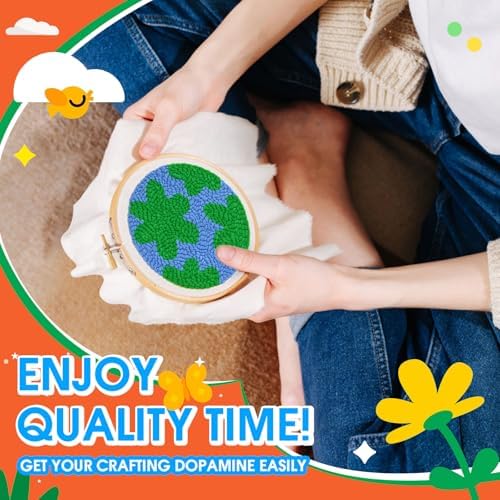 yuegool 2PCS Punch Needle Decoration Kit,Easy DIY Punch Needle Embroidery Kit for Beginners Adults Kids Including Patterns, Tools, Yarns, Hoop, Instruction, Bracket Art Craft Supplies - Image 3