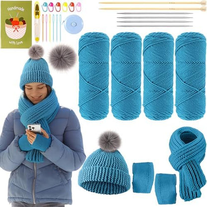 Maasechs Knitting Kit for Beginners Adults Learn to Knit Hat Scarf Glove Complete Knitting Starter Kit with Yarn, Needles, Faux Pom Pom and Step by Step Instruction for Women and Men (Lake Blue) by Unknown