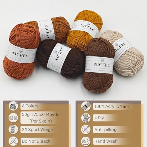 NICEEC 300g Soft Assorted Colors Yarn 100% Acrylic 870yds -Caramel - Image 3