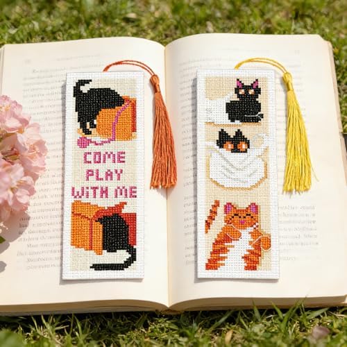 INFUNLY 6 Pcs Cute Cat Cross Stitch Bookmark Kit with Tassels, Stamped Pre-Printed Embroidery for Adult Beginners, Tools with Floss Scissors Needles Instructions, DIY Gift for Book Lovers - Image 6