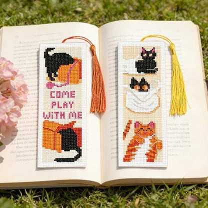 INFUNLY 6 Pcs Cute Cat Cross Stitch Bookmark Kit with Tassels, Stamped Pre-Printed Embroidery for Adult Beginners, Tools with Floss Scissors Needles Instructions, DIY Gift for Book Lovers - Image 6