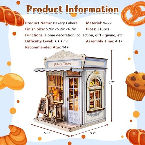 DIY Miniature House Kit, Bakery Book Nook Kit, 3D Wooden Puzzles Bookshelf Craft Kits, Dollhouse Kit with LED Light, Mini Building Kit for Adults Teen to Build(Bakery Shop) - Image 2