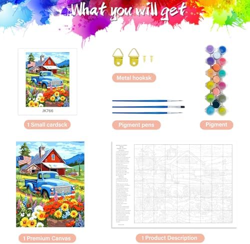 ZTOTZ Vintage Blue Truck Paint by Numbers Kit for Adults, 16x20 in American Farm Countryside Paint by Number Canvas, Red Barn -Floral Landscape Oil Painting for Adults Set - Image 5