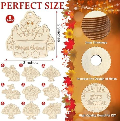 80PCS Wooden Thanksgiving Decoration Turkey Ornaments to Paint Thanksgiving Ornaments for Tree Crafts Cutouts Unfinished, DIY Blank Fall Unfinished Turkey Pumpkin Ornament for Home Harvest Hanging - Image 2