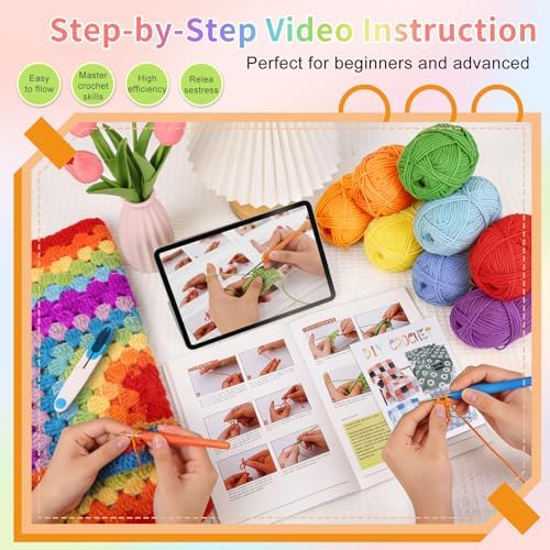 HUYEIOBGD Crochet Blanket Kit for Beginners – Easy Crochet Starter Kit for Adults & Kids, Colorful Rainbow Stripe Yarn, Complete Crochet Supplies with Step-by-Step Video Instructions - Image 2