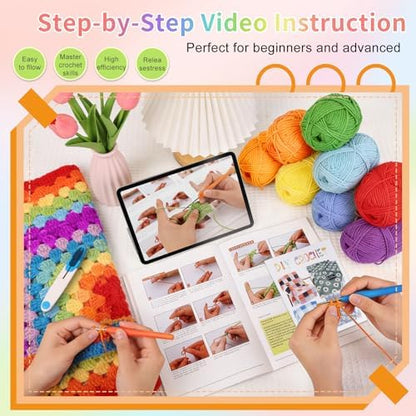 HUYEIOBGD Crochet Blanket Kit for Beginners – Easy Crochet Starter Kit for Adults & Kids, Colorful Rainbow Stripe Yarn, Complete Crochet Supplies with Step-by-Step Video Instructions - Image 2