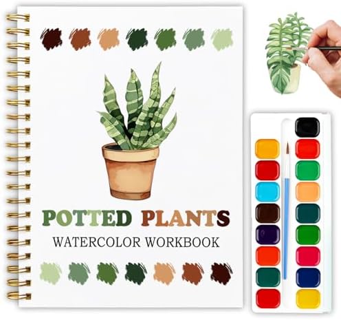 Potted Plants Favorites Watercolor Workbook, Water Coloring Book, 12 Patterns, Watercolor Kit for Beginners, Plant Lovers Gift by Unknown