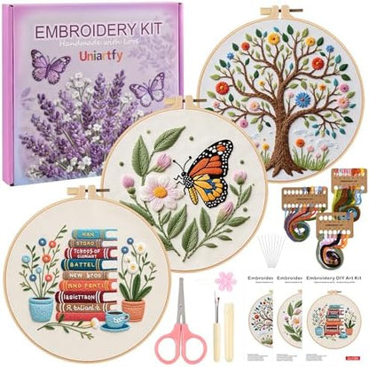 Uniartfy 3 Set Embroidery Kit for Beginners, Butterfly Tree Book Patterns by Uniartfy