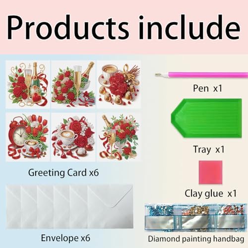 jinglinhh 6pcs Valentine's Day Rose Flower Champagne Tulip Coffee Diamond Art Painting Greeting Cards with Envelopes, DIY Card Making Kits for Adults, Diamond Art Postcards Holiday Cards Craft Gifts - Image 3