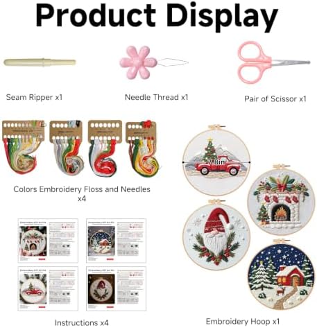 BBLYBD Christmas Embroidery Kit, 4 Set Embroidery DIY Starter Kit, Cross Stitch Kits with Pre-Printed Embroidery Fabric, Hoops, Step-by-Step Instructions, Color Threads & Needles (Christmas-4 Set) - Image 7