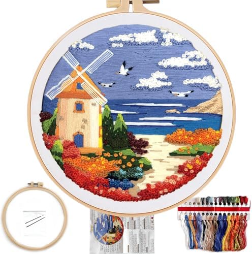 FONNUY Embroidery Kit for Beginners, Boho Nature Landscape Pre-Stamped Pattern Kits for Adults with Hoop, Easy to Follow Color Thread Needlework, 8'' Hoop (Beach House) by FONNUY