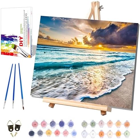 Beach Paint by Numbers for Adults with Framed Canvas - with Wooden Easel by xackcme