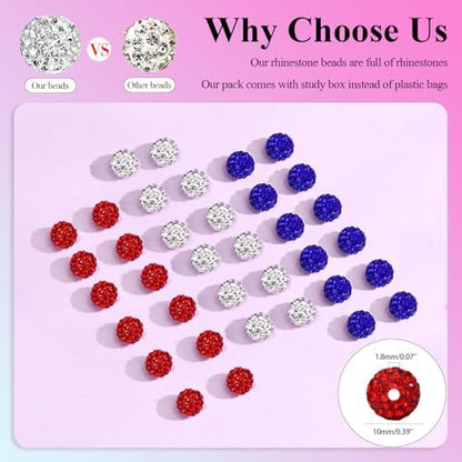 Dowarm 255PCS 10mm Rhinestone Beads for Baseball Rhinestone Necklace Bracelet Jewelry Making, Round Polymer Clay Beads for Crafts Beaded Pens, DIY Shamballa Pave Disco Diamond Bead, White|Red|Blue - Image 3