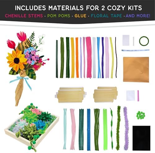 WeVeel Cozy Craftworks Chenille Stem Flower & Succulent Craft Kit for Adults – Create a Wildflower Bouquet and Succulent Box Garden – Relaxing DIY Botanical Arts & Crafts Set - Image 2